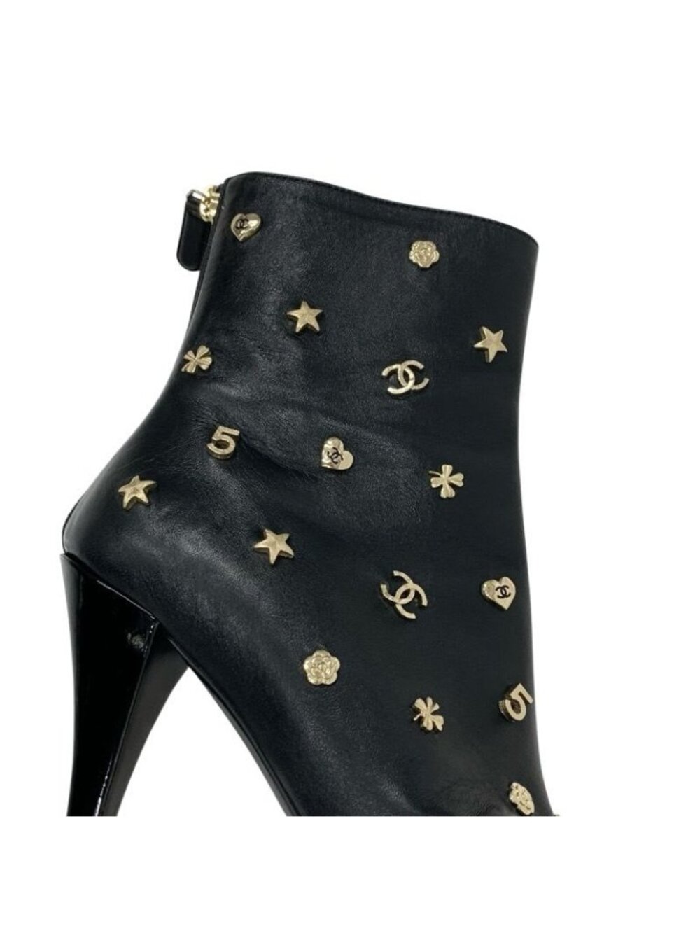 Chanel Boots Short Shoes Leather Patent Black Gold Coco Mark Icon Logo - Picture 9 of 9